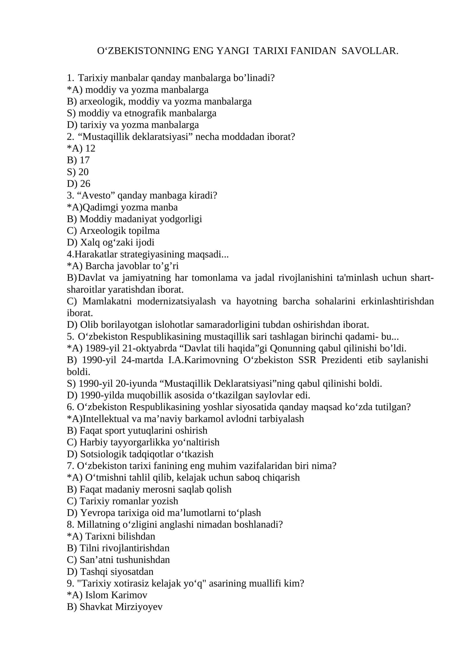 O‘ZBEKISTONNING ENG YANGI TARIXI FANIDAN SAVOLLAR