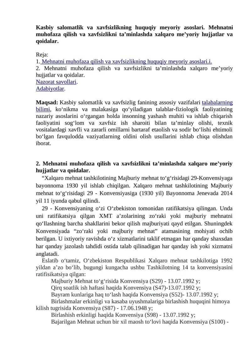 Mehnatni muhofaza qilish va xavfsizlikning huquqiy meyoriy asoslari