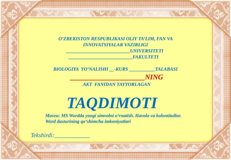 MSWordda yangi simvolni o‘rnatish. Havola va kolontitullar