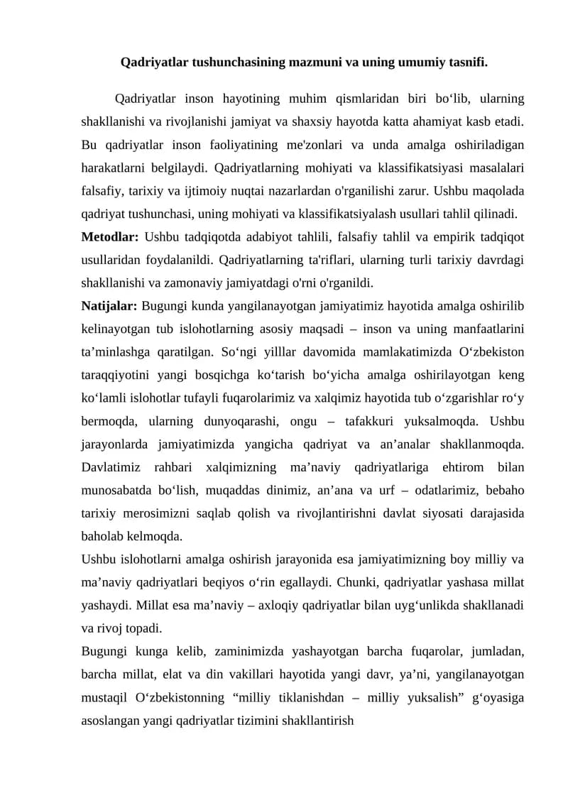 Qadriyatlar tushunchasining mazmuni va uning umumiy tasnifi