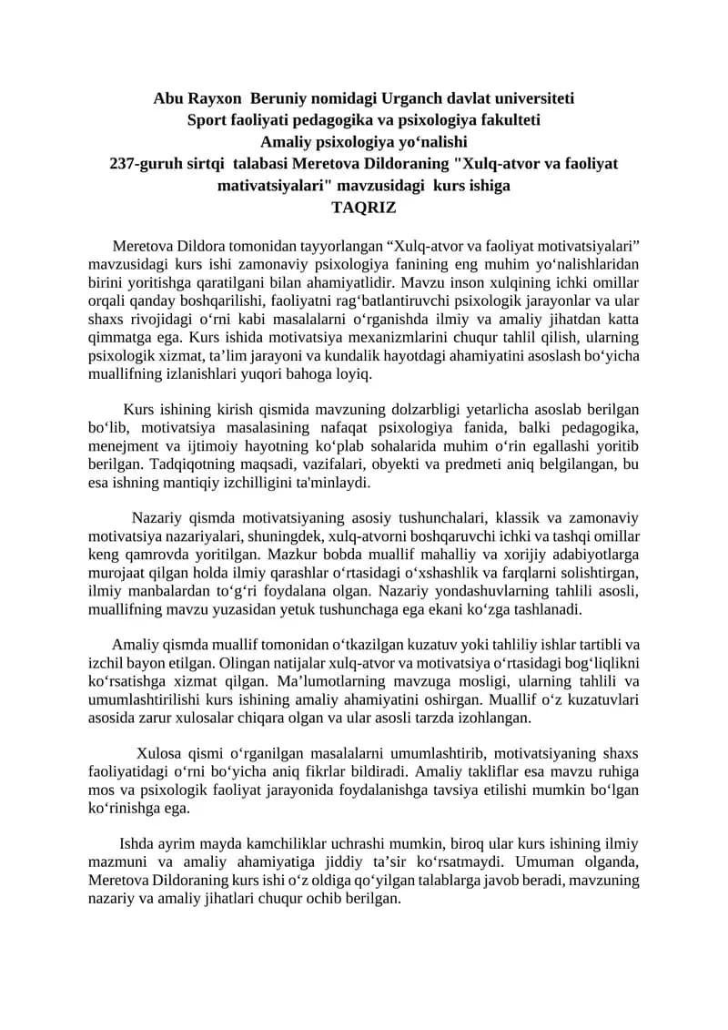 "Xulq-atvor va faoliyat mativatsiyalari" kurs ishi