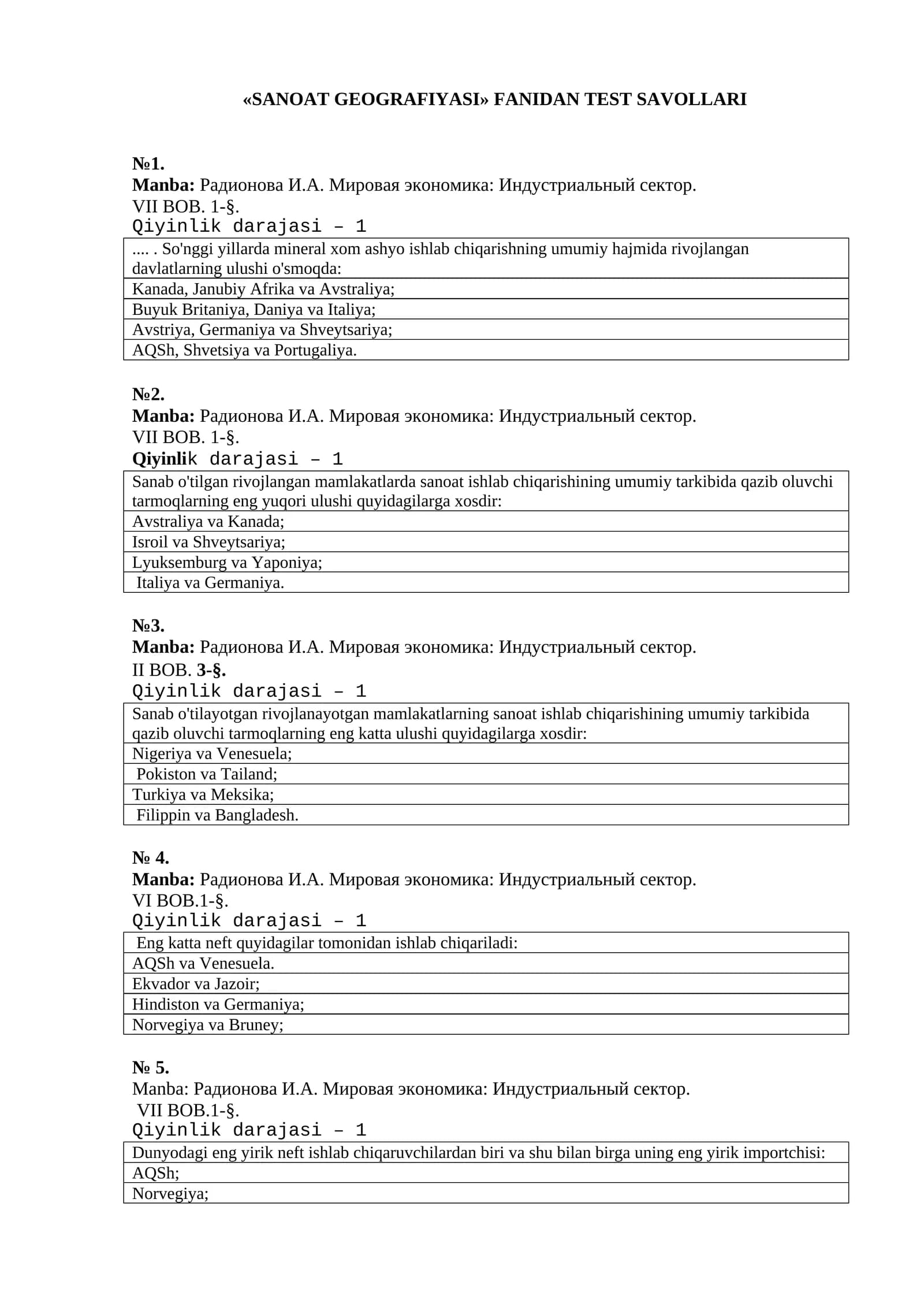 «SANOAT GEOGRAFIYASI» FANIDAN TEST SAVOLLARI