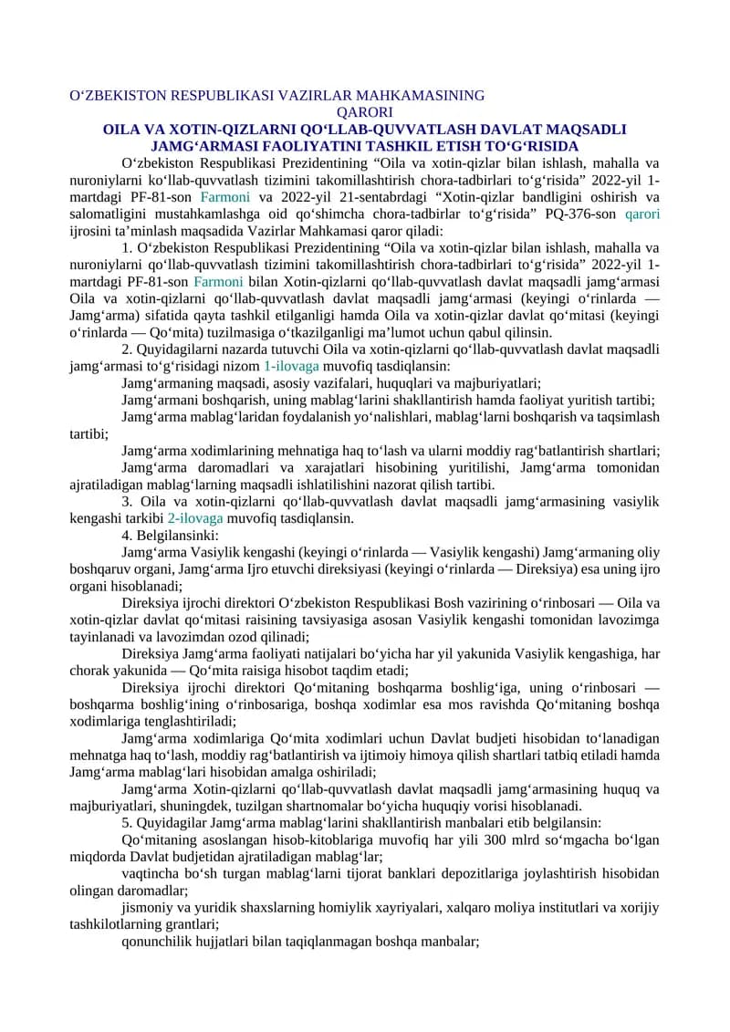 OILA VA XOTIN-QIZLARNI QO‘LLAB-QUVVATLASH DAVLAT MAQSADLI JAMG‘ARMASI FAOLIYATINI TASHKIL ETISH TO‘G‘RISIDA