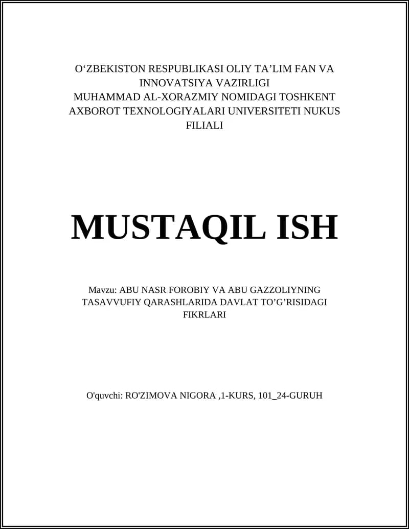 ABU NASR FOROBIY VA ABU GAZZOLIYNING TASAVVUFIY QARASHLARIDA DAVLAT TO’G’RISIDAGI FIKRLARI