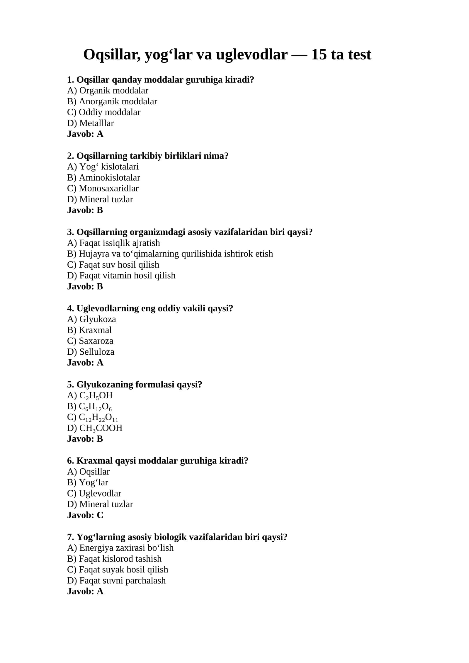 Oqsillar, yog‘lar va uglevodlar — 15 ta test