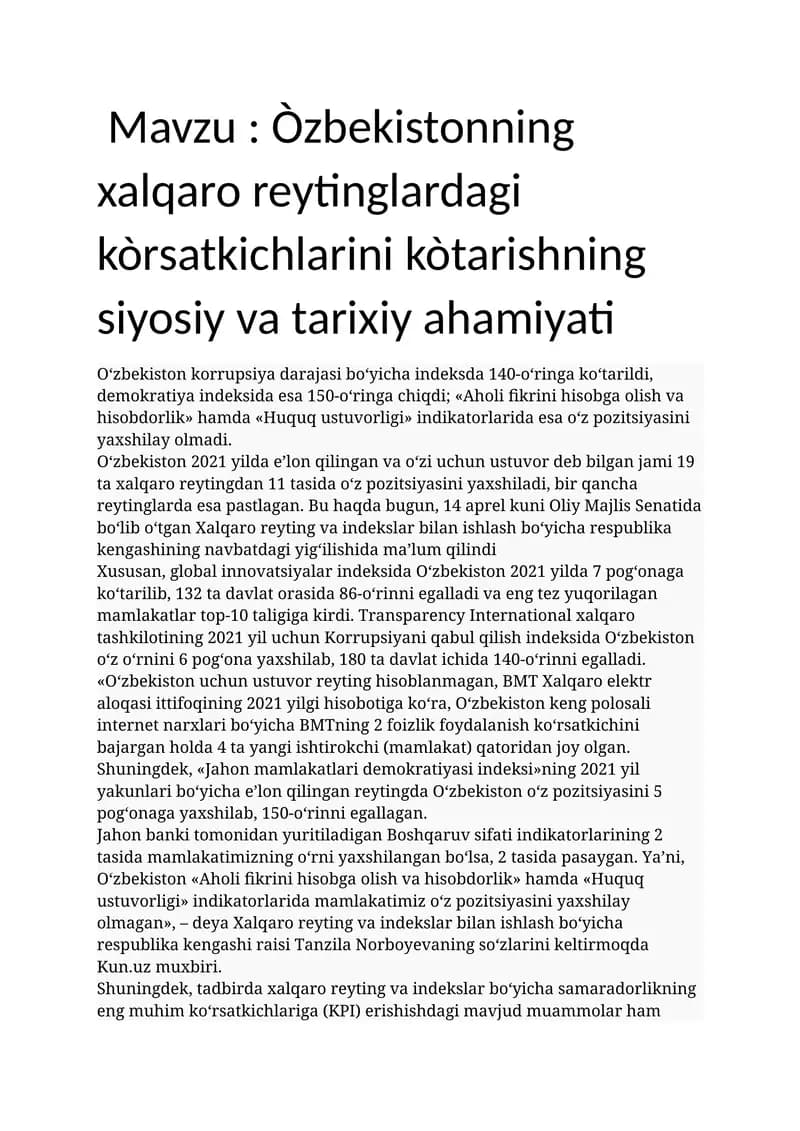 Òzbekistonning xalqaro reytinglardagi kòrsatkichlarini kòtarishning siyosiy va tarixiy ahamiyati