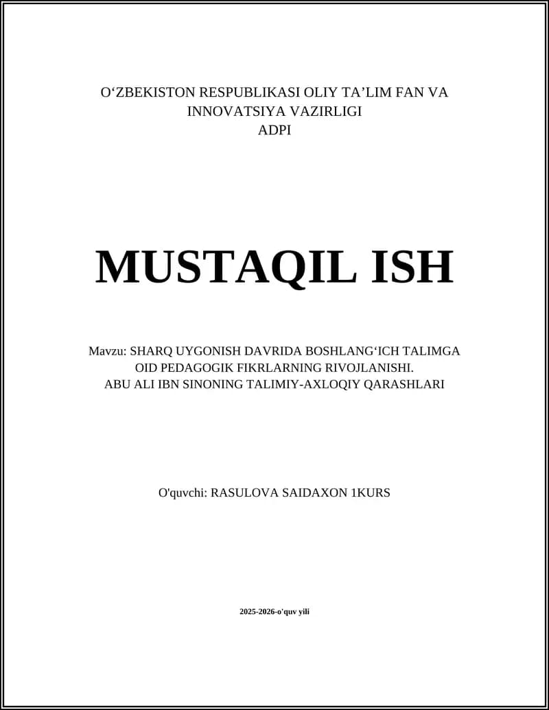 Abu Ali Ibn Sinoning Talimiy-Axloqiy Qarashlari