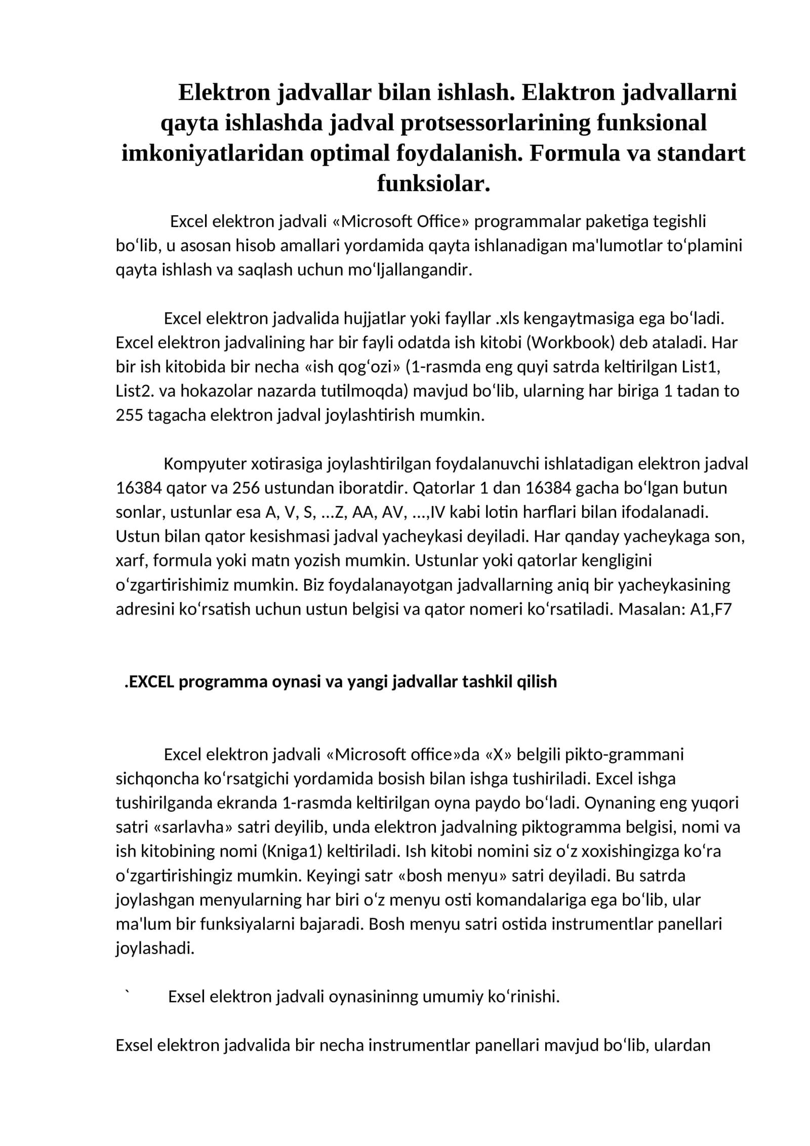 Excel elеktron jadvali