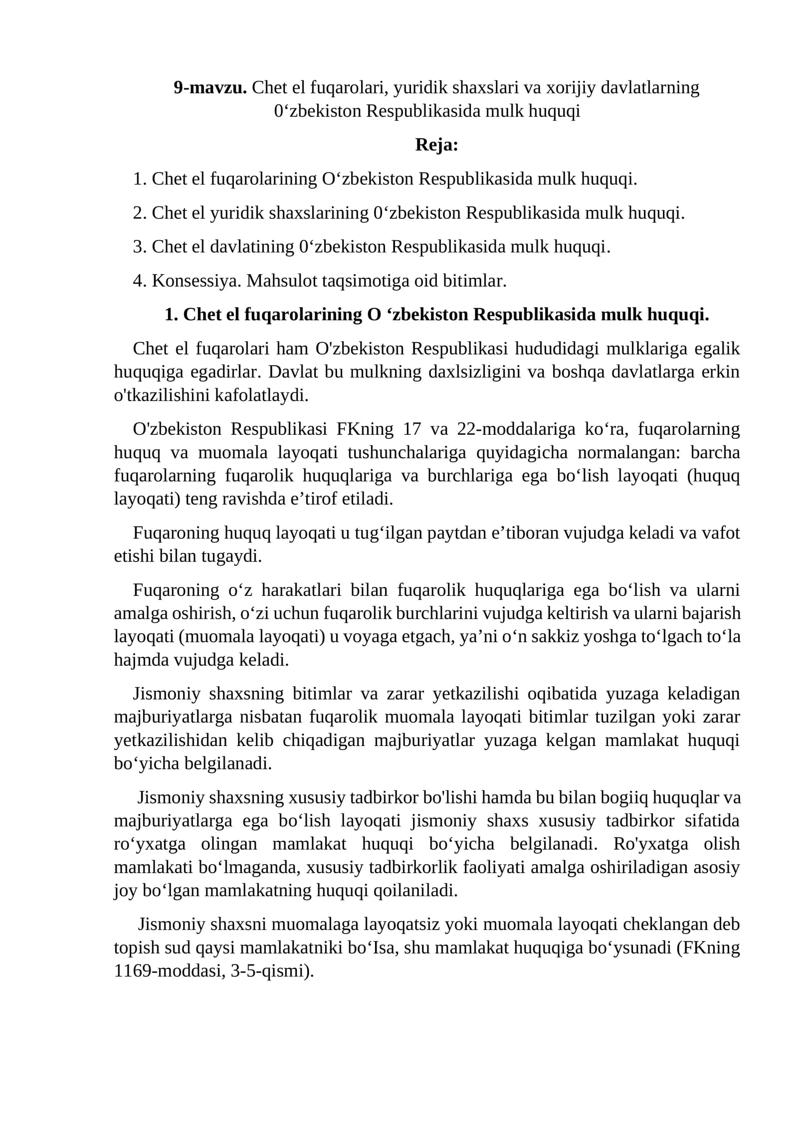 Chet el fuqarolarining О‘zbekiston Respublikasida mulk huquqi