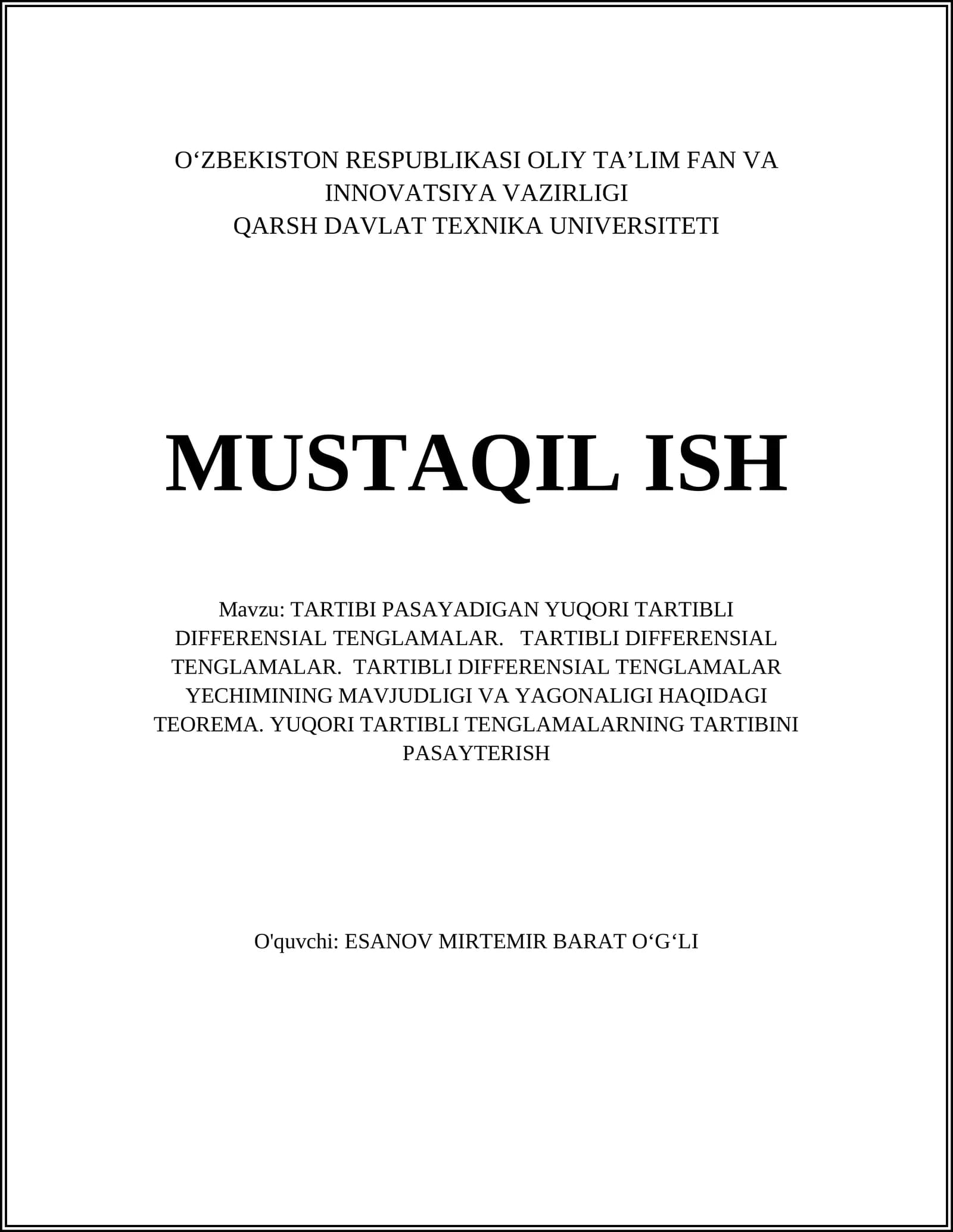 TARTIBI PASAYADIGAN YUQORI TARTIBLI DIFFERENSIAL TENGLAMALAR