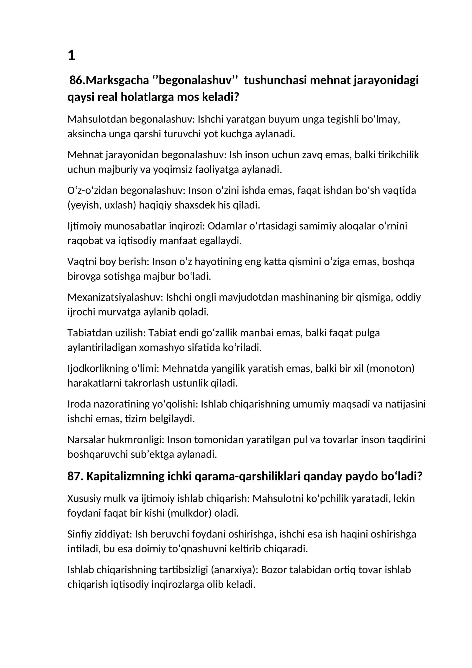 Marksizmga "begonalashuv" tushunchasi mehnat jarayonidagi qaysi real holatlarga mos keladi?