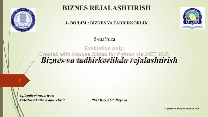 Biznes va tadbirkorlikda rejalashtirish (5-ma’ruza)