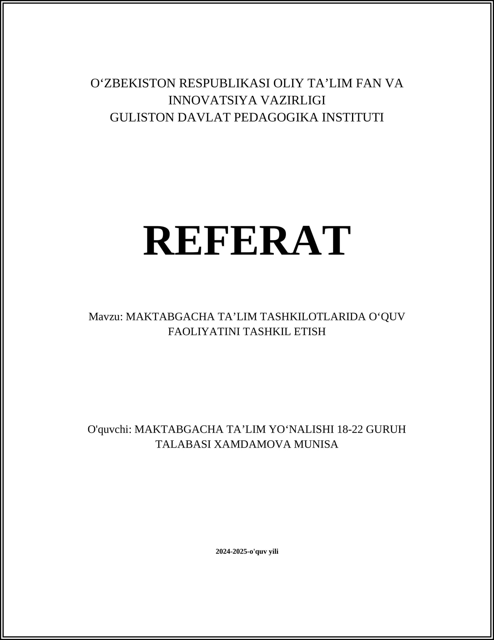 Maktabgacha ta'limda dars rejalashtirish