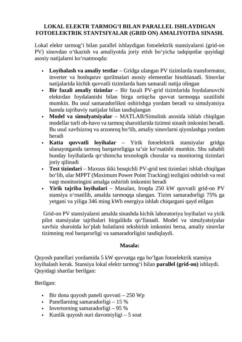 LOKAL ELEKTR TARMOG‘I BILAN PARALLEL ISHLAYDIGAN FOTOELEKTRIK STANTSIYALAR (GRID ON) AMALIYOTDA SINASH