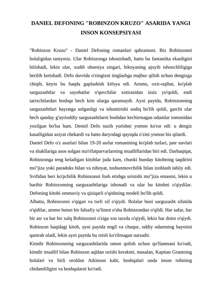 "Robinzon Kruzo" asarida yangi inson konsepsiyasi