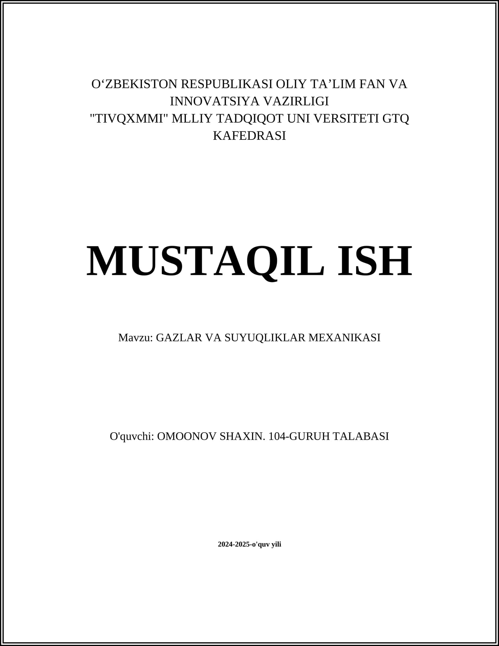 GAZLAR VA SUYUQLIKLAR MEXANIKASI