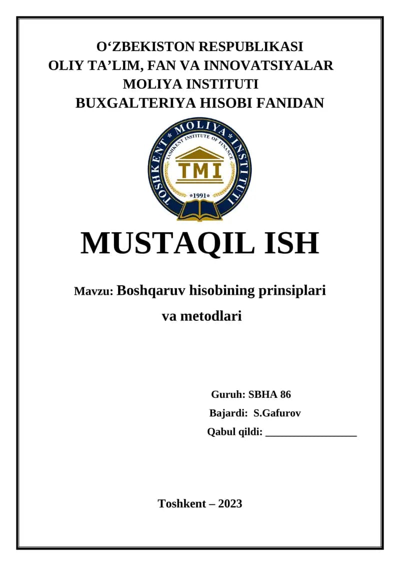 Boshqaruv hisobining prinsiplari va metodlari
