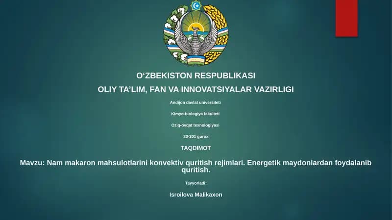 Nam makaron mahsulotlarini konvektiv quritish rejimlari