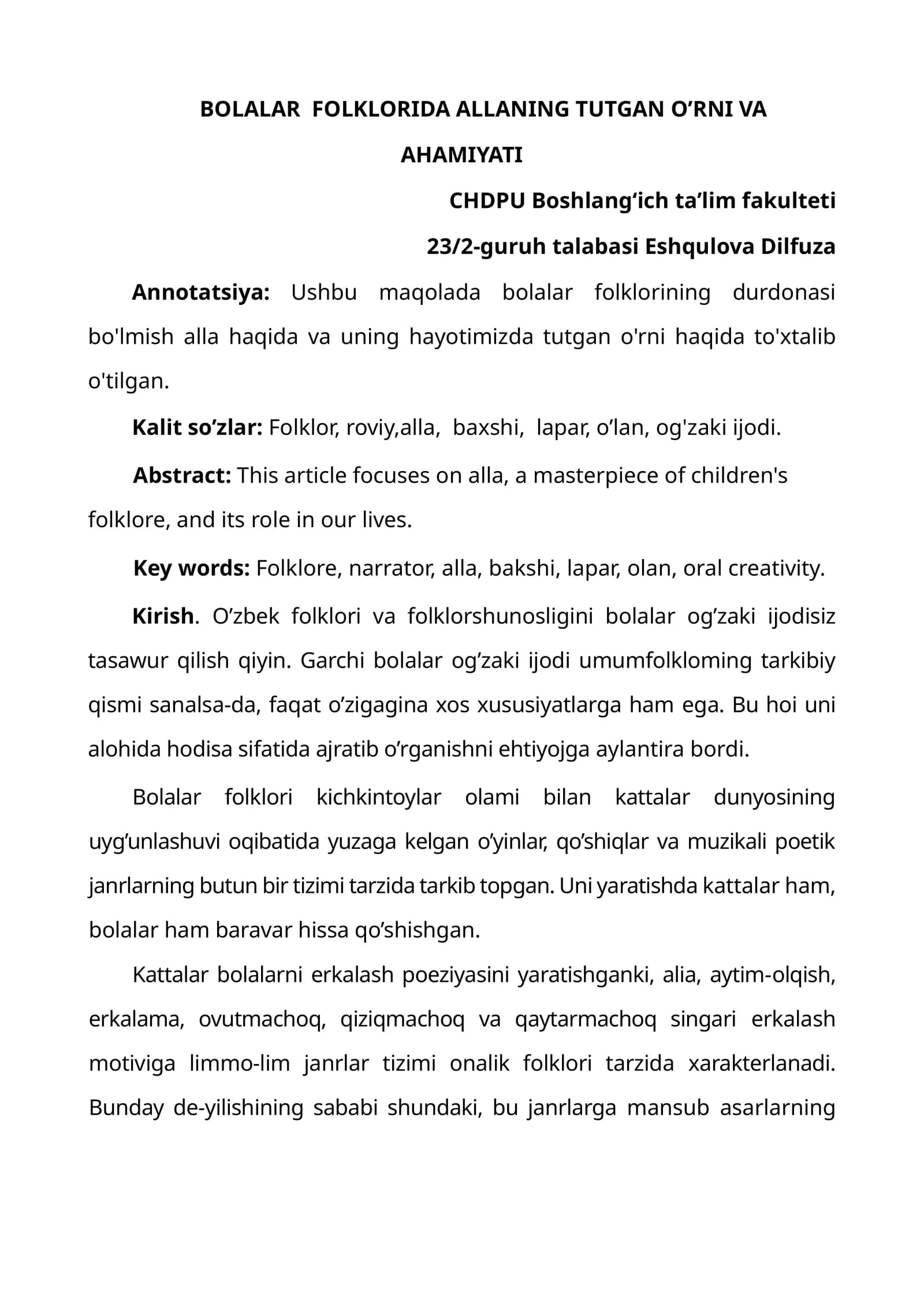 BOLALAR FOLKLORIDA ALLANING TUTGAN O’RNI VA AHAMIYATI