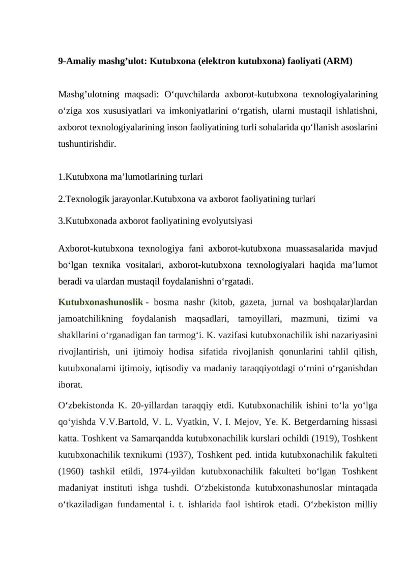 Kutubxona (elektron kutubxona) faoliyati (ARM)