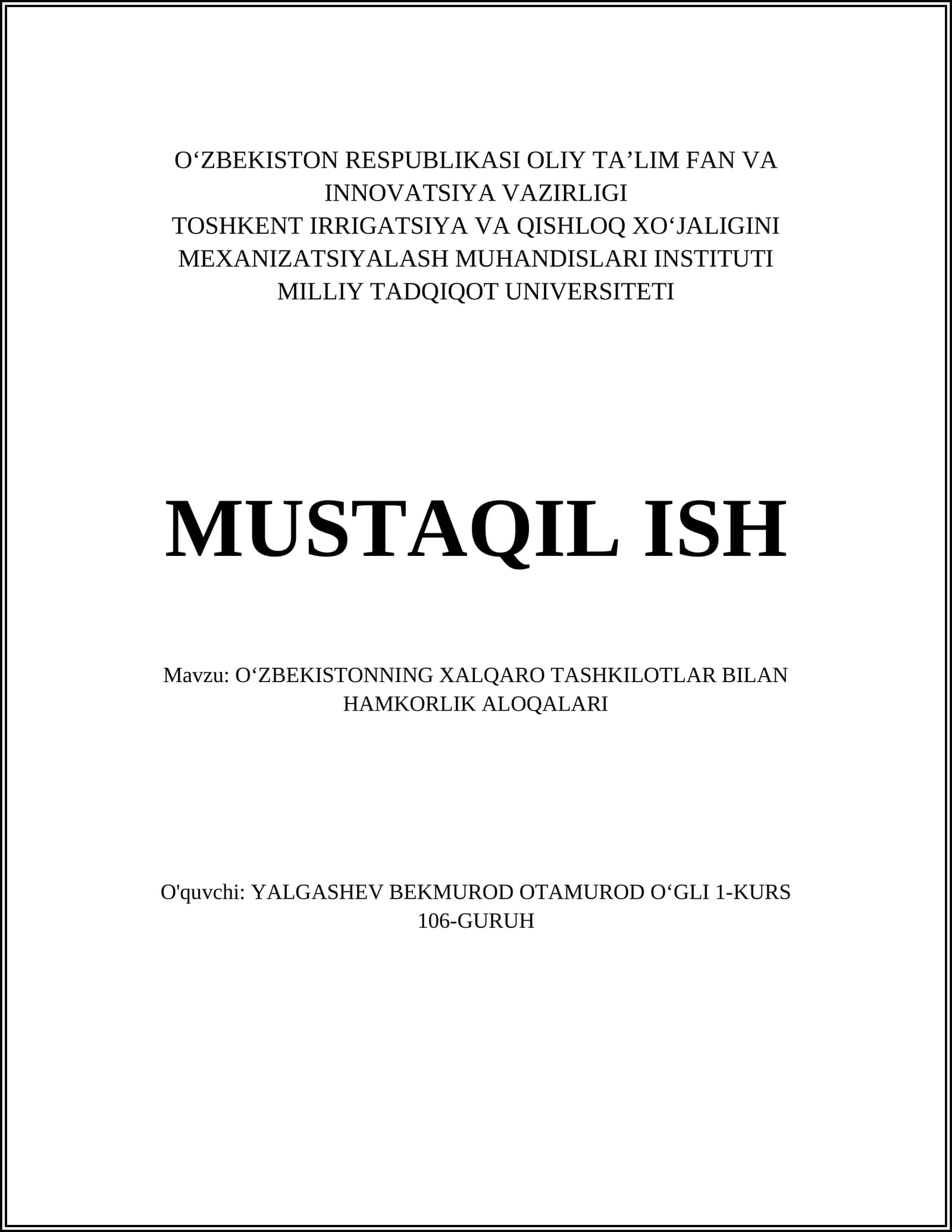 OʻZBEKISTONNING XALQARO TASHKILOTLAR BILAN HAMKORLIK ALOQALARI