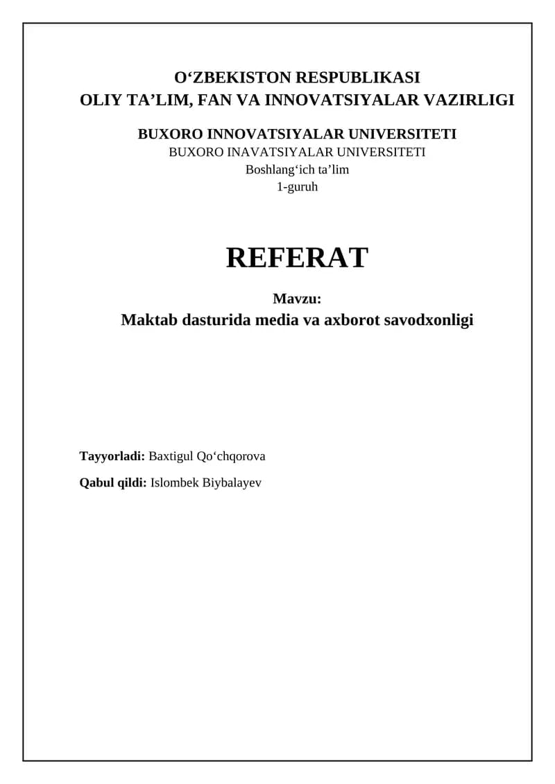 Maktab dasturida media va axborot savodxonligi