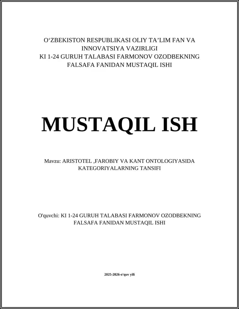 ARISTOTEL,FAROBIY VA KANT ONTOLOGIYASIDA KATEGORIYALARNING TANSIFI
