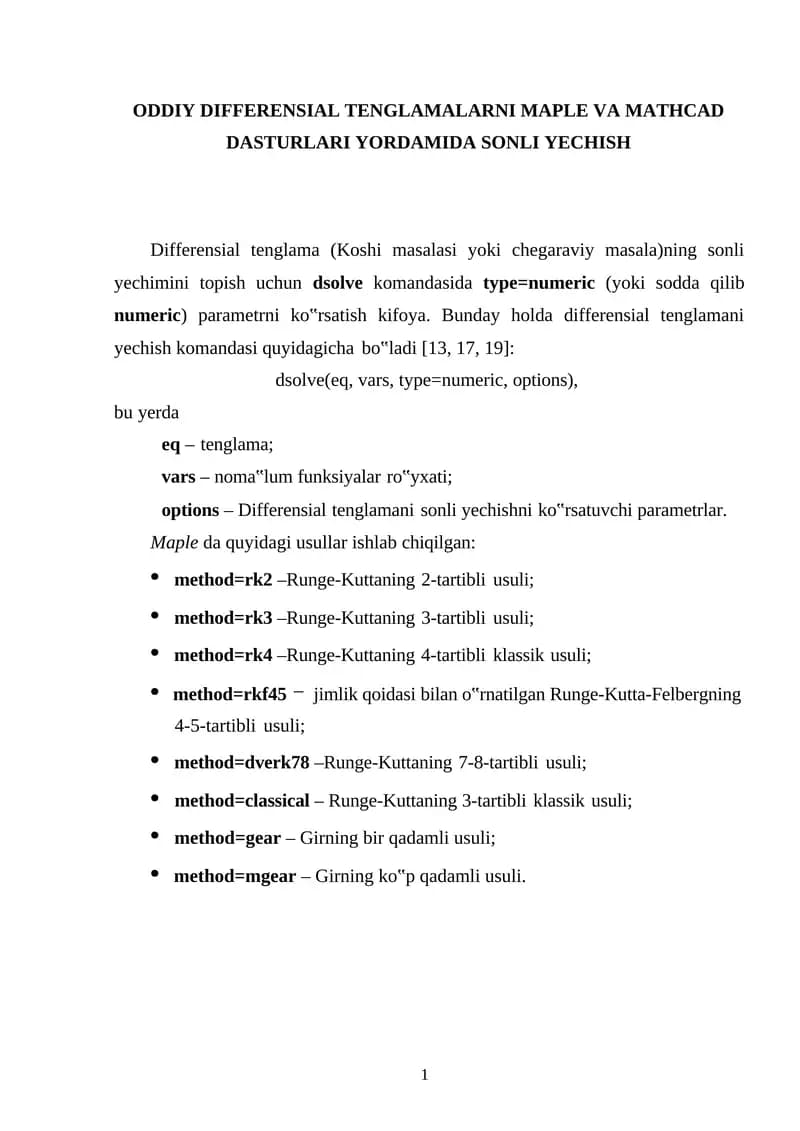 ODDIY DIFFERENSIAL TENGLAMALARNI MAPLE VA MATHCAD DASTURLARI YORDAMIDA SONLI YECHISH