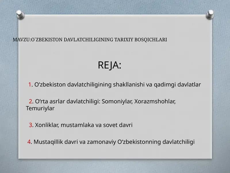 O`zbekiston Davlatchiligining Tarixiy Bosqichlari