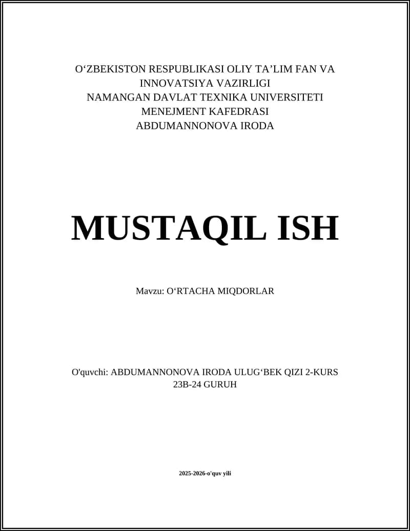 OʻRTACHA MIQDORLAR