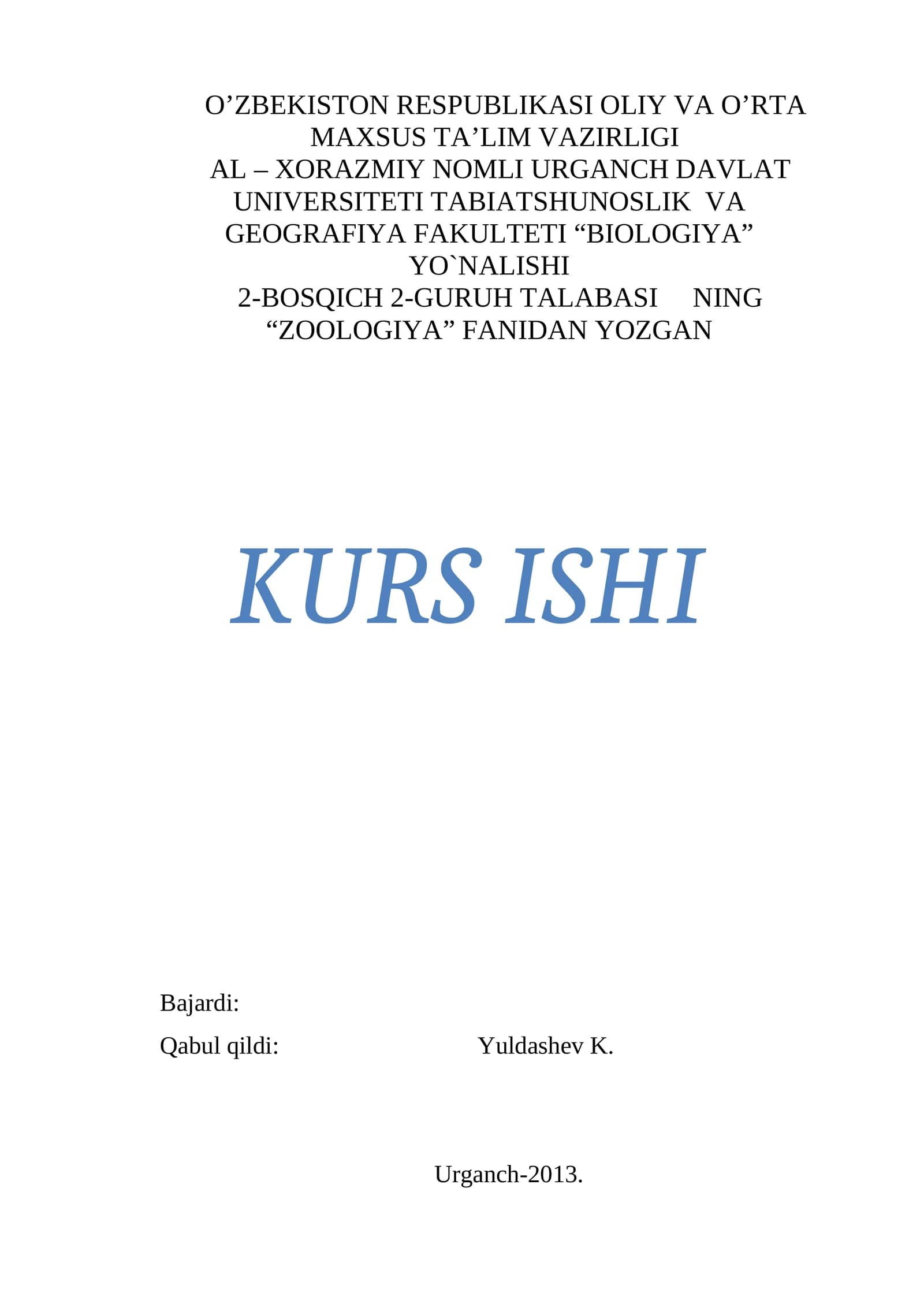 "Zoologiya" fanidan kurs ishi