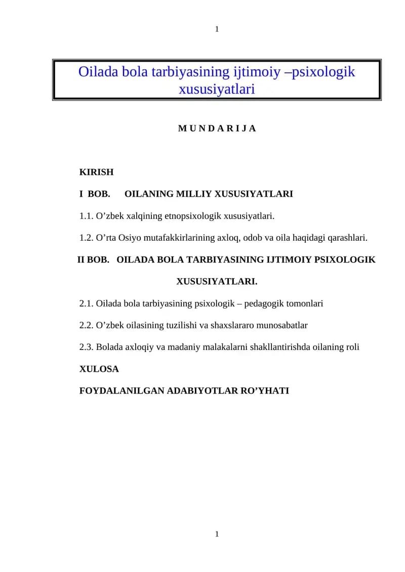 Oilada bola tarbiyasining ijtimoiy –psixologik xususiyatlari