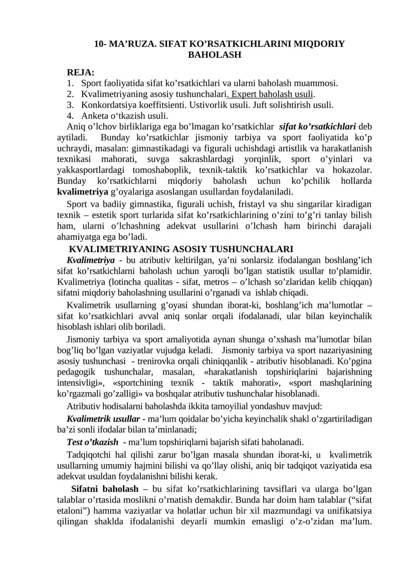 SIFAT KO’RSATKICHLARINI MIQDORIY BAHOLASH