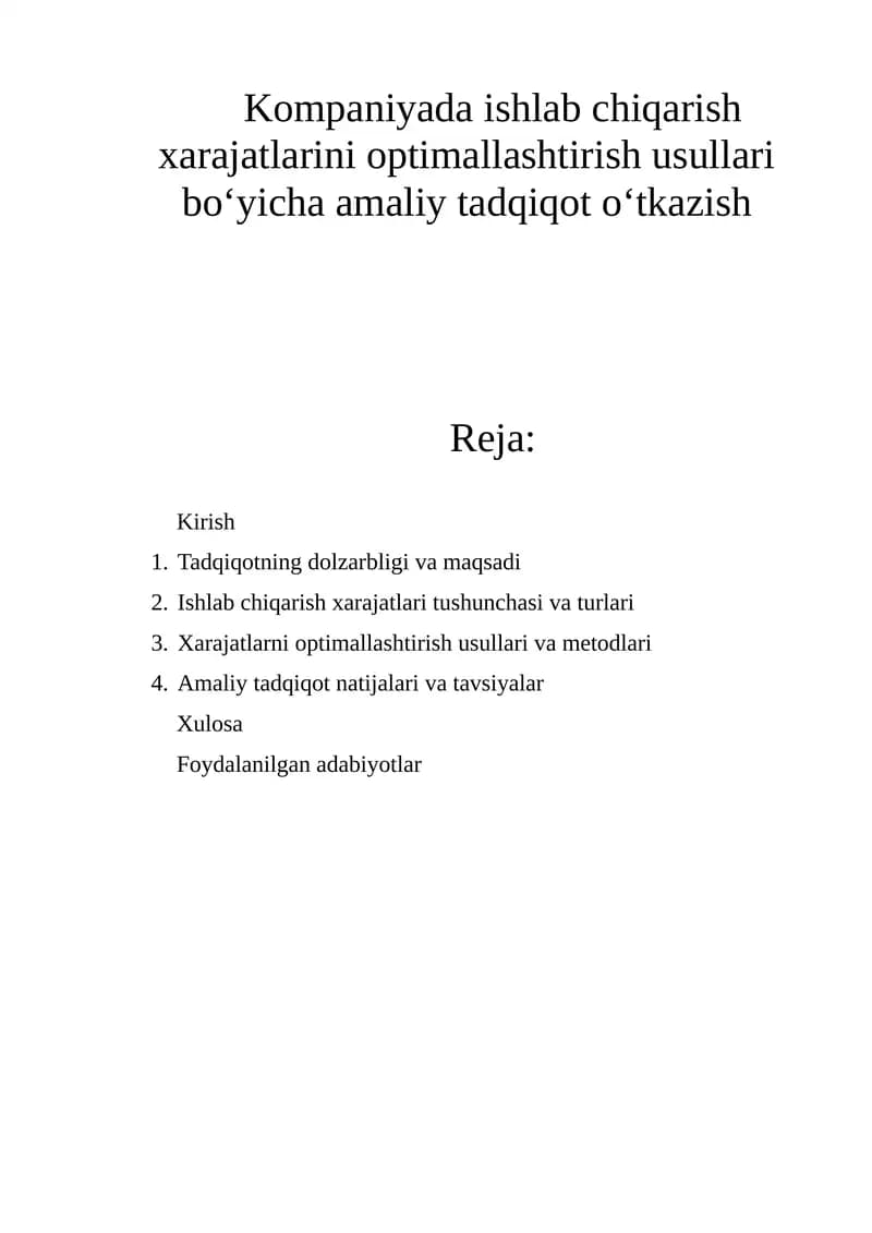 Ishlab chiqarish xarajatlarini optimallashtirish usullari