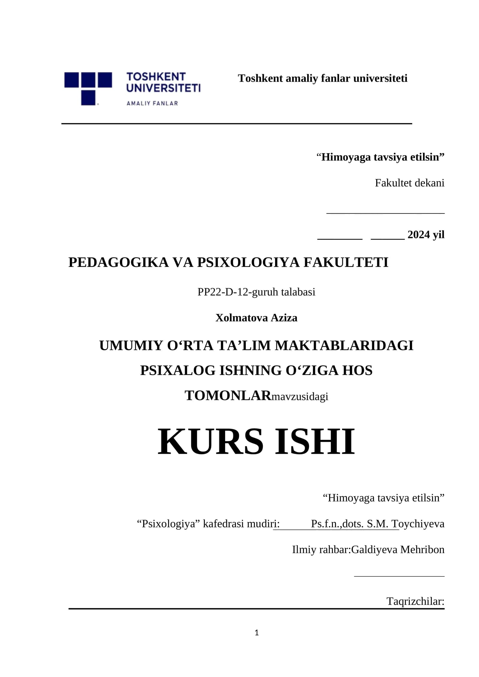 KURS ISHI "Himoyaga tavsiya etilsin"