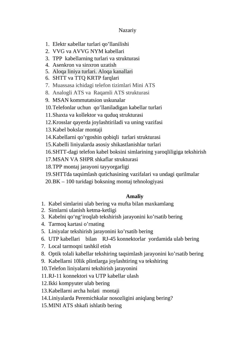 Elektr kabellar turlari qo’llanilishi