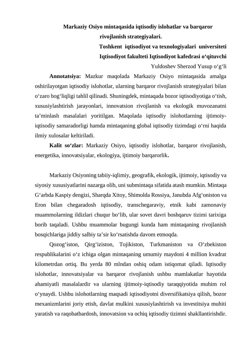 Iqtisodiy islohatlar va barqaror rivojlanish strategiyalari