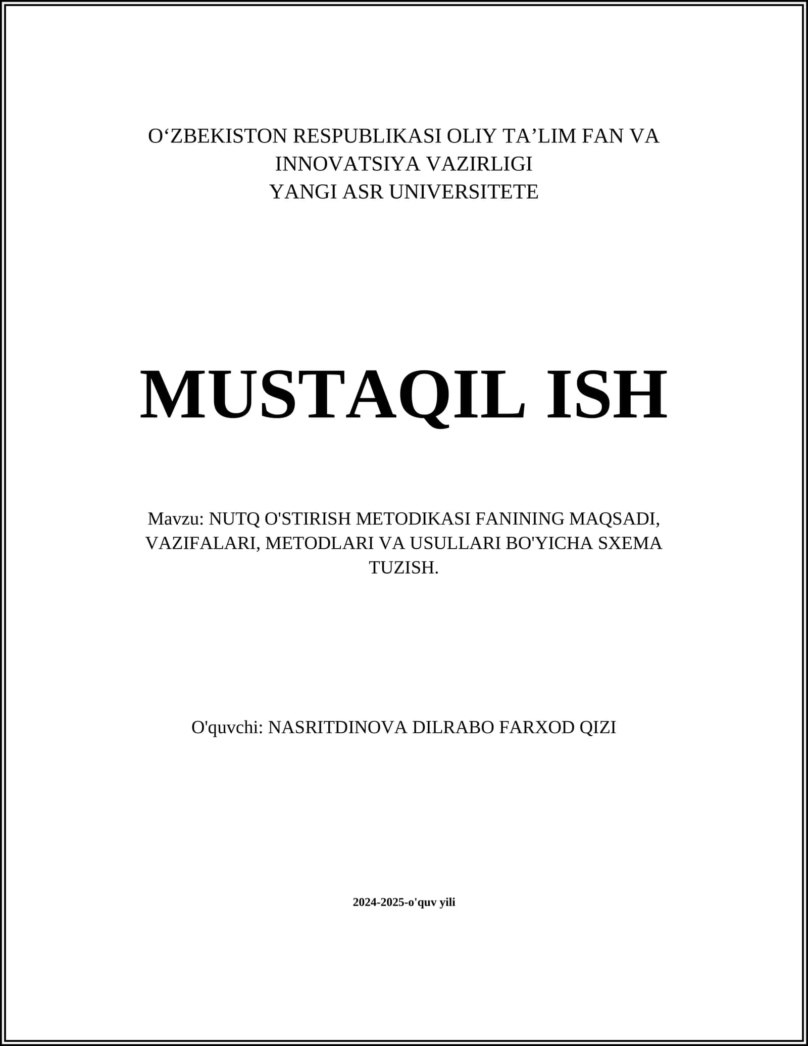 NUTQ O'STIRISH METODIKASI FANINING MAQSADI, VAZIFALARI, METODLARI VA USULLARI BO'YICHA SXEMA TUZISH