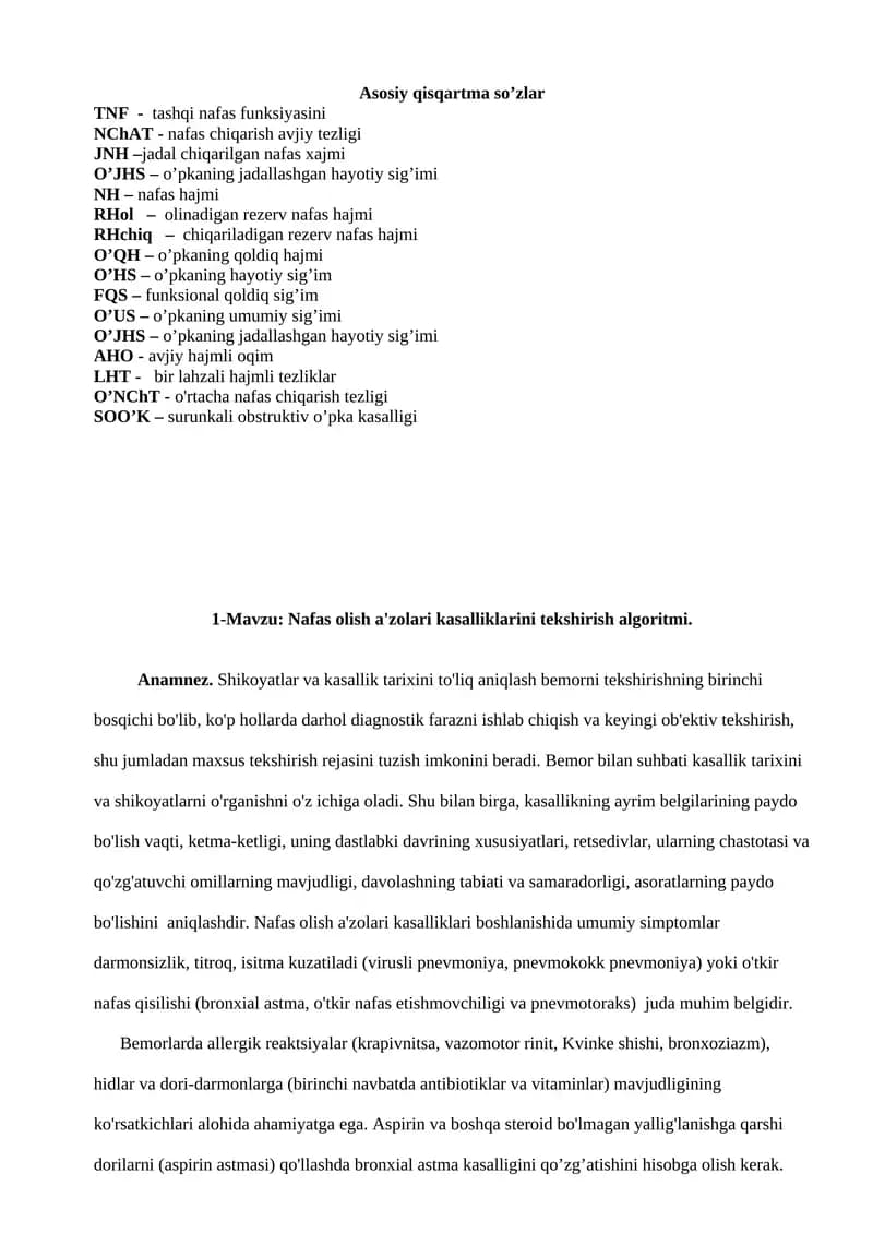 Nafas olish a'zolari kasalliklarini tekshirish algoritmi