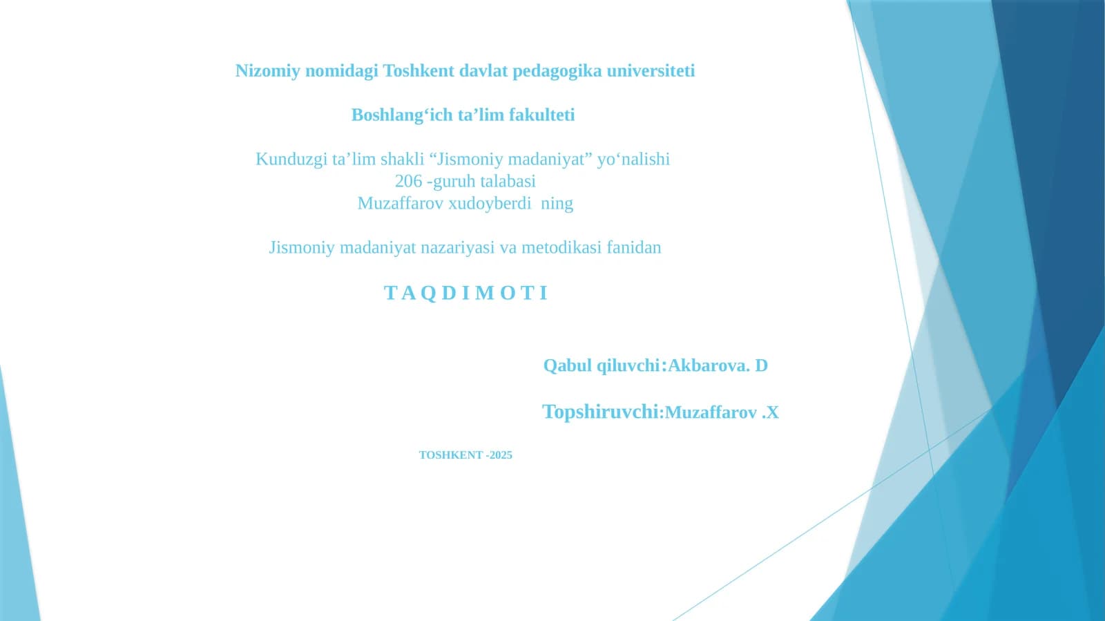 Jismoniy madaniyat nazariyasi va metodikasi fanidan TAQDIMOT