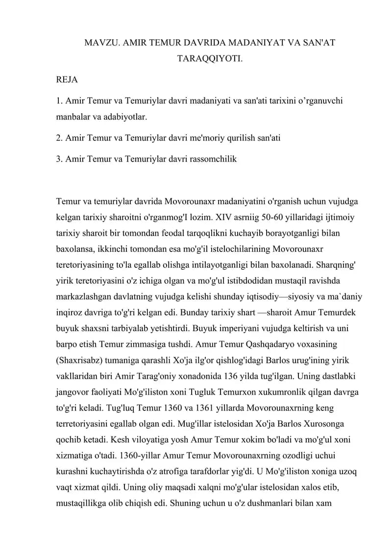 AMIR TEMUR DAVRIDA MADANIYAT VA SAN'AT TARAQQIYOTI.