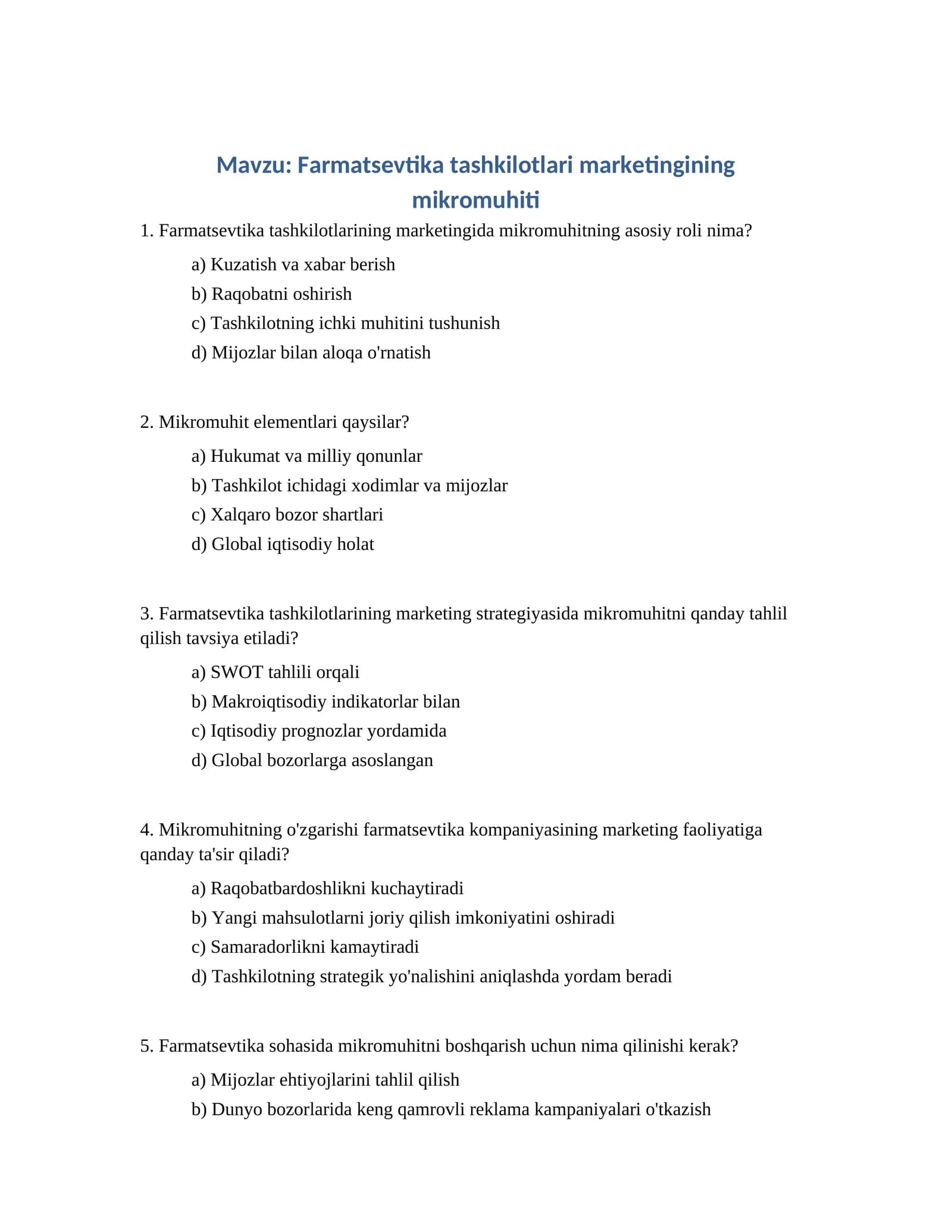 Farmatsevtika tashkilotlari marketingining mikromuhiti