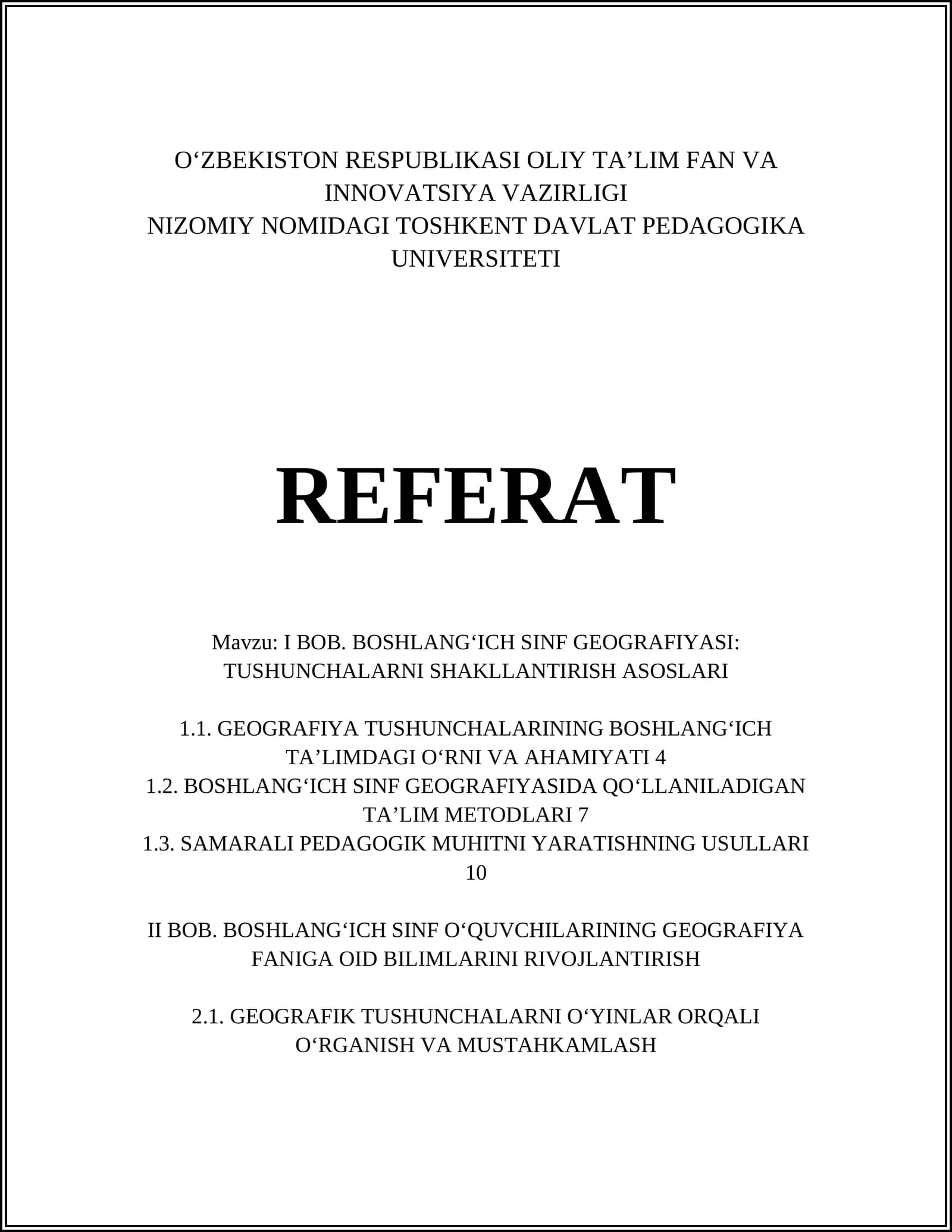 GEOGRAFIYA TUSHUNCHALARINING BOSHLANG‘ICH TA’LIMDAGI O‘RNI VA AHAMIYATI
