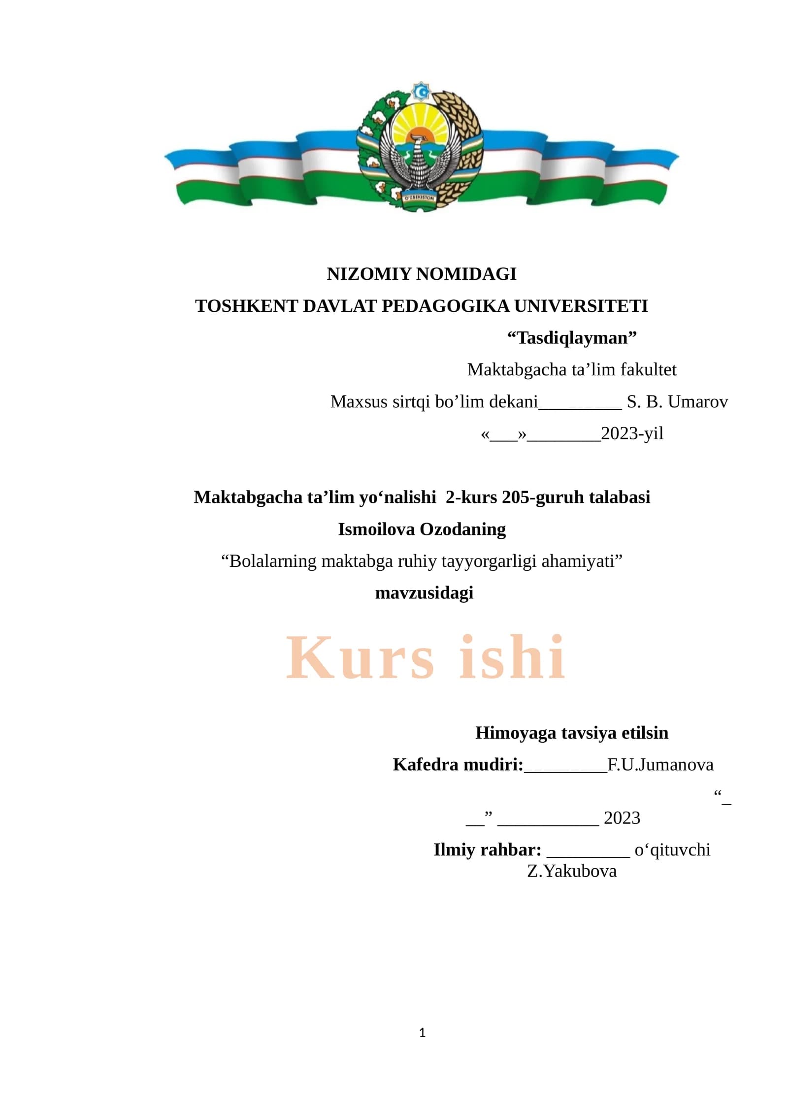 Kurs ishi: Bolalarning maktabga ruhiy tayyorgarligi ahamiyati