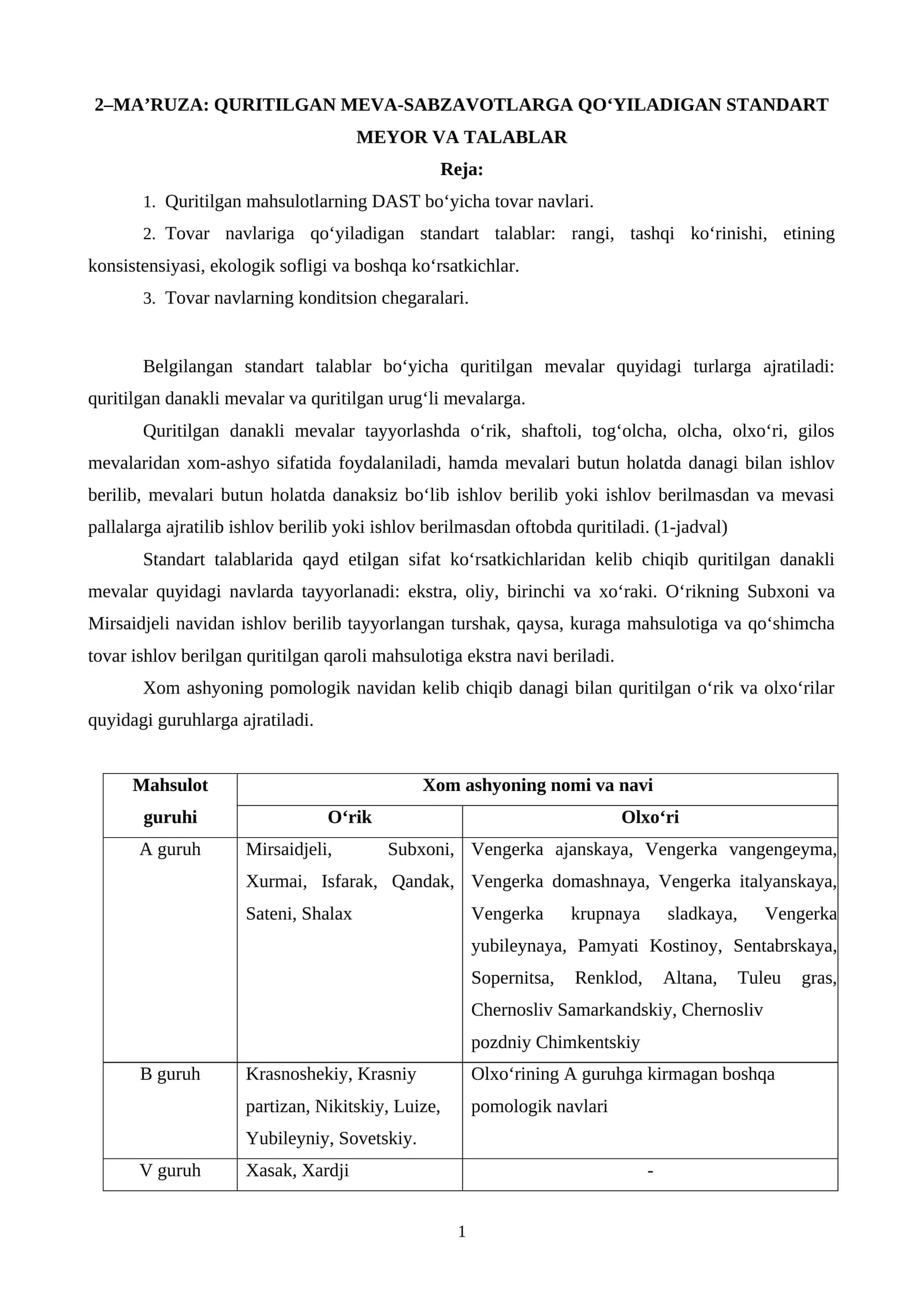 Quritilgan Meva-Sabzavotlarga Qo‘yiladigan Standart Meyor va Talablar