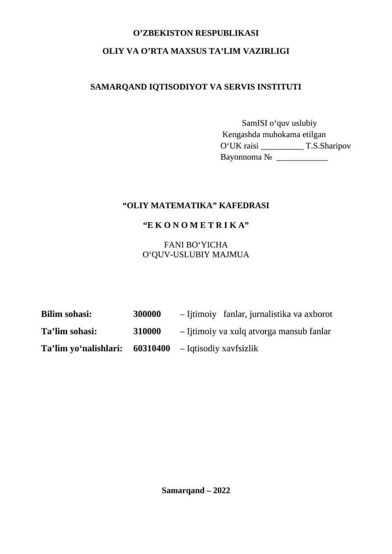 Ekonometrika fanidan o’quv-uslubiy majmua