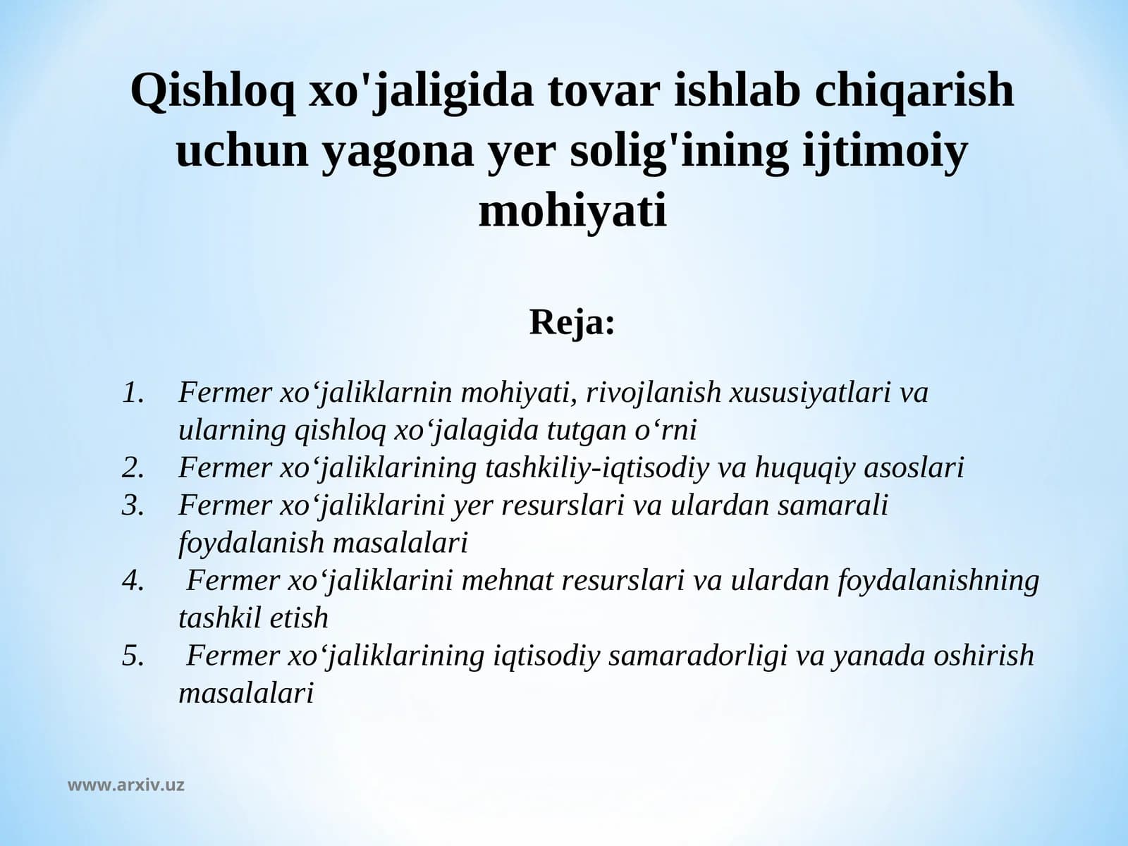 Qishloq xo'jaligida tovar ishlab chiqarish uchun yagona yer solig'ining ijtimoiy mohiyati