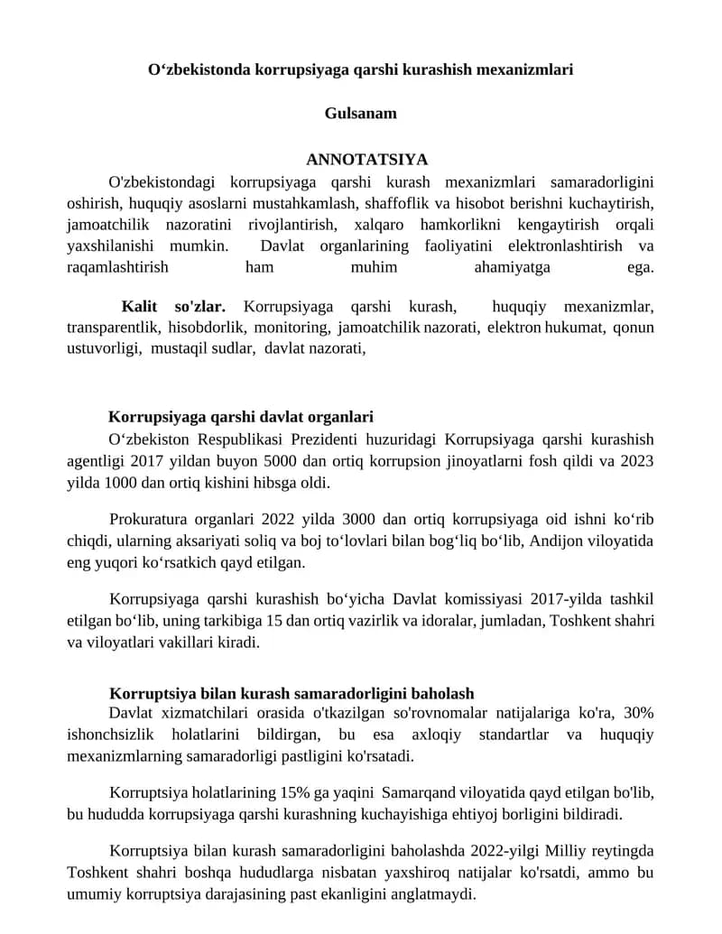 O‘zbekistonda korrupsiyaga qarshi kurashish mexanizmlari