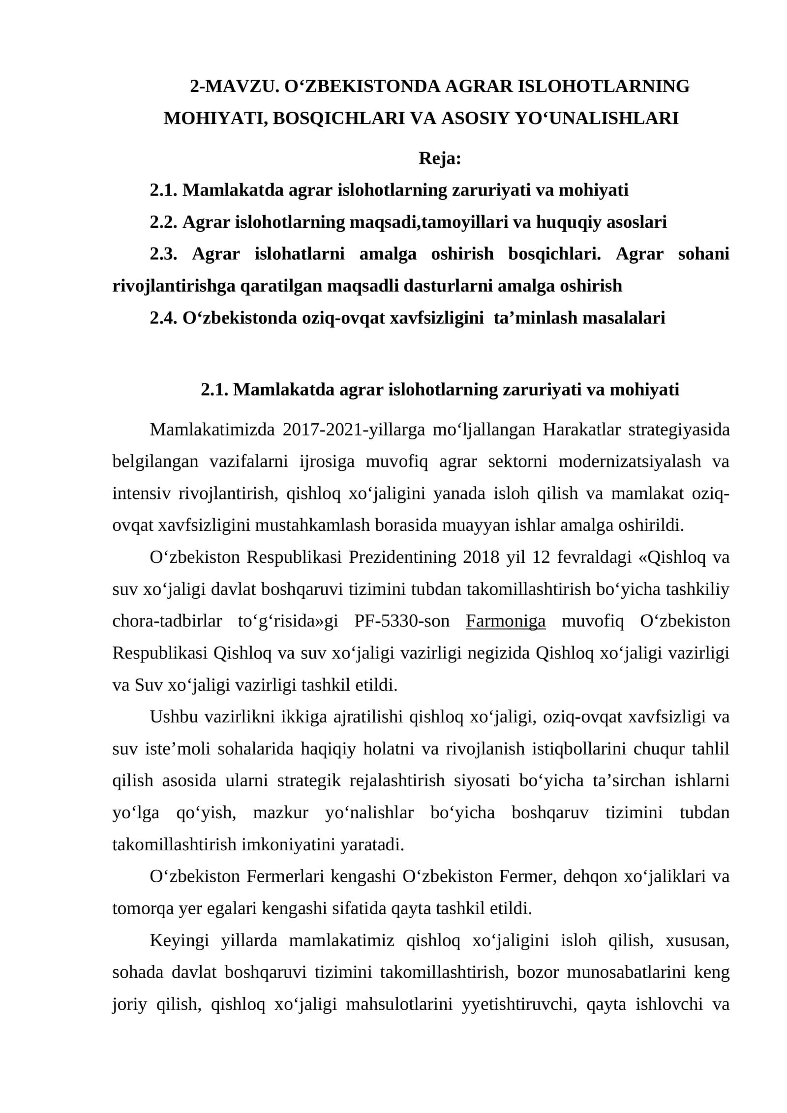 O‘zbekistonda Agrar Islohotlarning Mohiyati, Bosqichlari va Asosiy Yo‘unalishlari