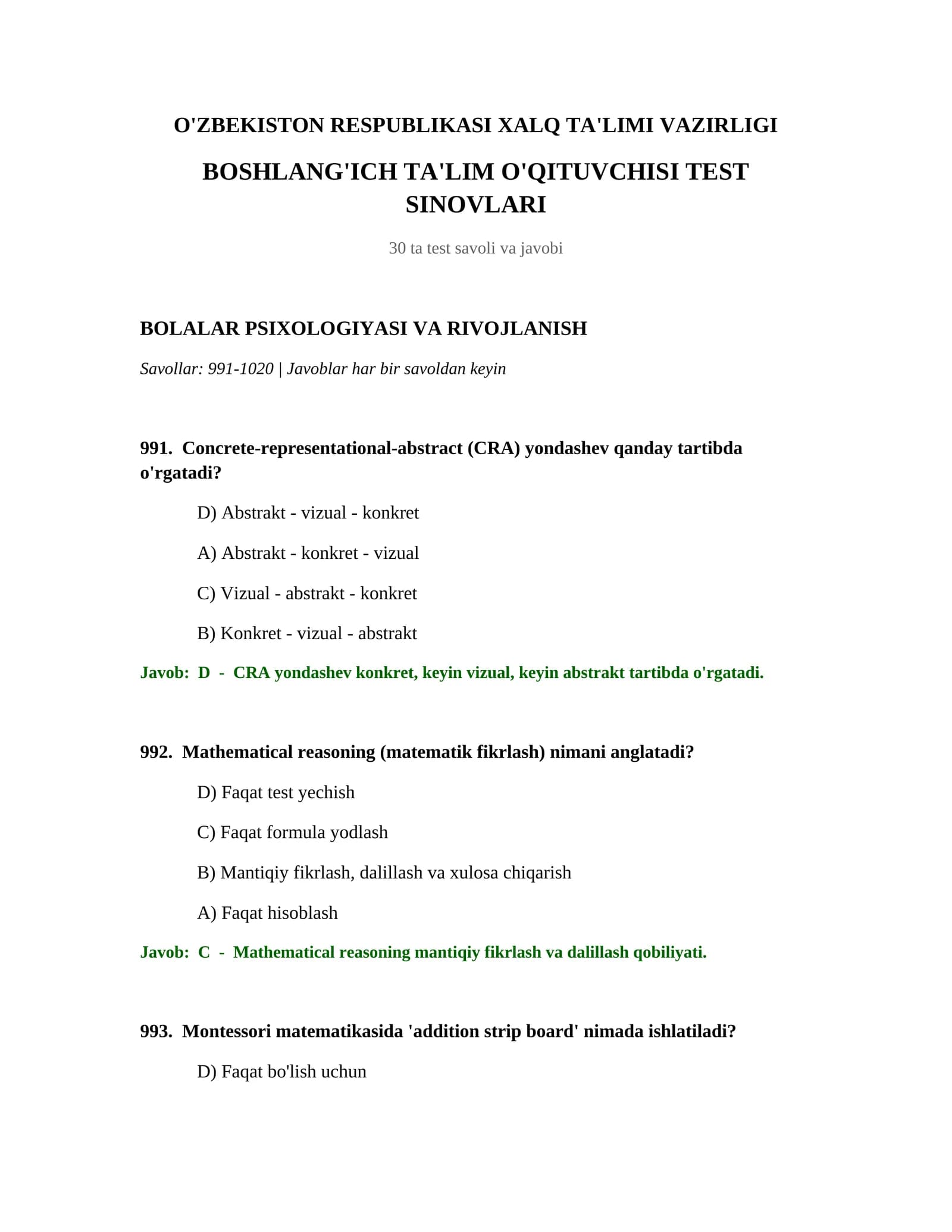 BOSHLANG'ICH TA'LIM O'QITUVCHISI TEST SINOVLARI